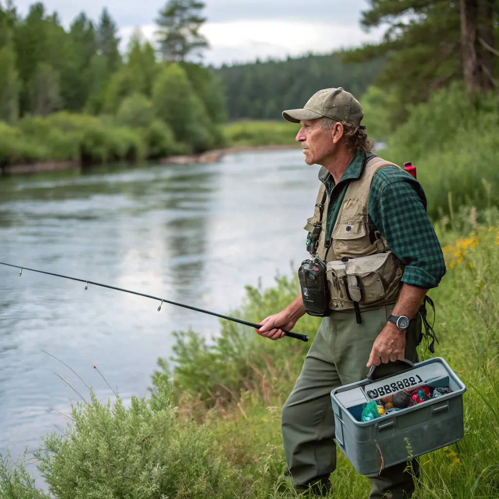 Mike with his fishing gear by the river