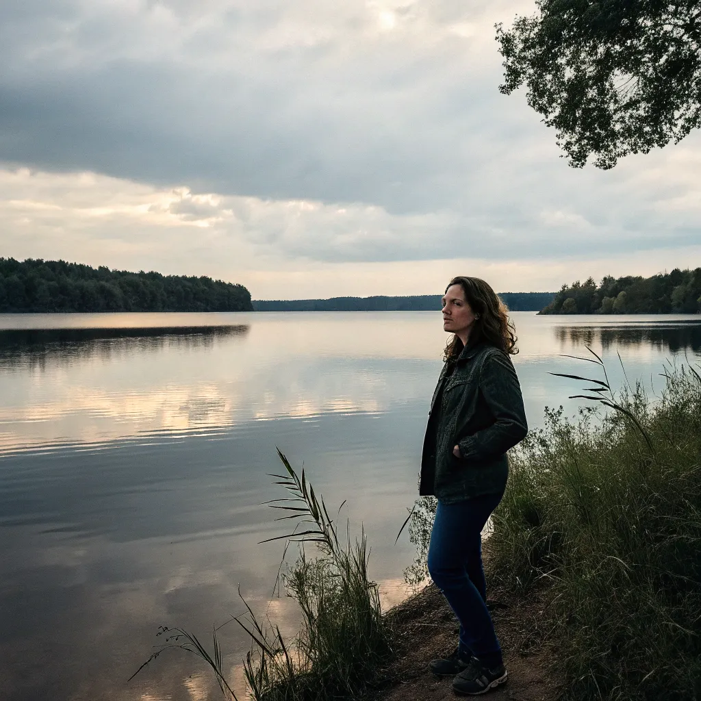 Sarah standing by a lake